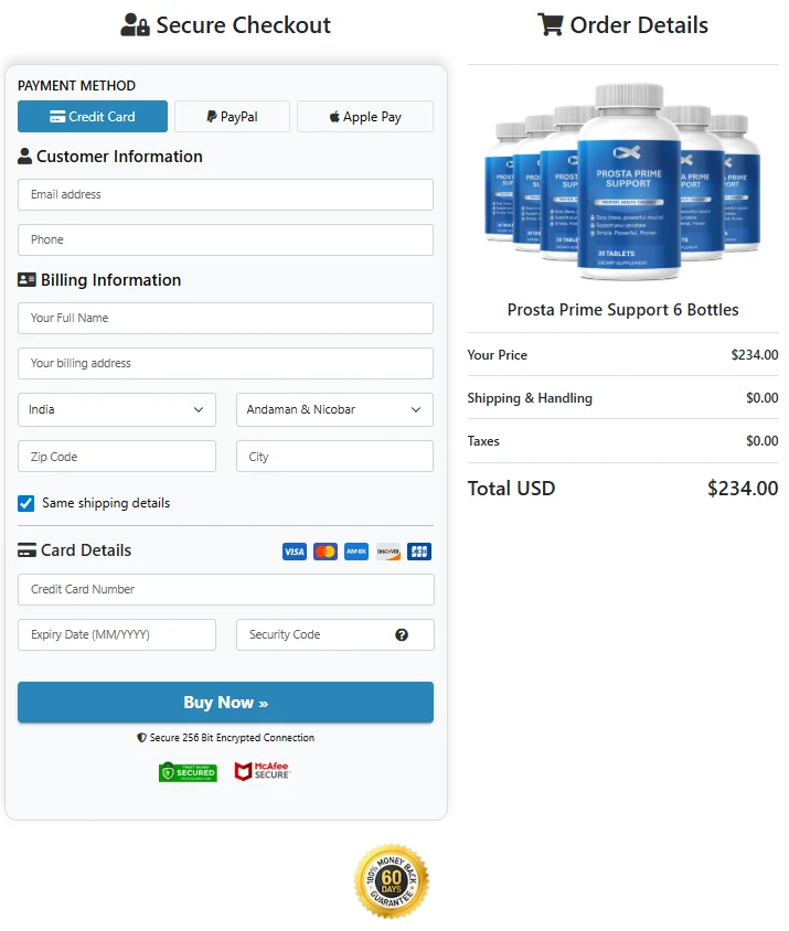 ProstaPrime secure checkout page